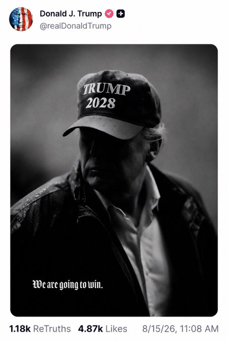 The image shows a Truth Social post from Donald J. Trump (@realDonaldTrump) featuring a moody black-and-white photo of him wearing a "TRUMP 2028" cap with the caption "We are going to win," teasing a potential third presidential run as referenced in the accompanying post about Polymarket 2028 election predictions. The post has 1.18k ReTruths and 4.87k likes, dated 8/15/26.