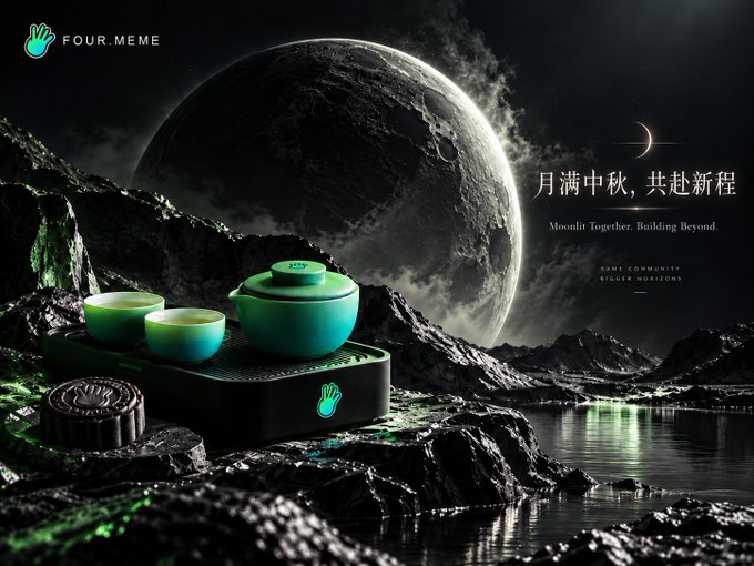 A promotional graphic for 'FOUR.MEME' featuring a teal tea set against a dramatic lunar landscape with the text 'Moonlit Together, Building Beyond' and Chinese characters '月满中秋, 共赴新程'.