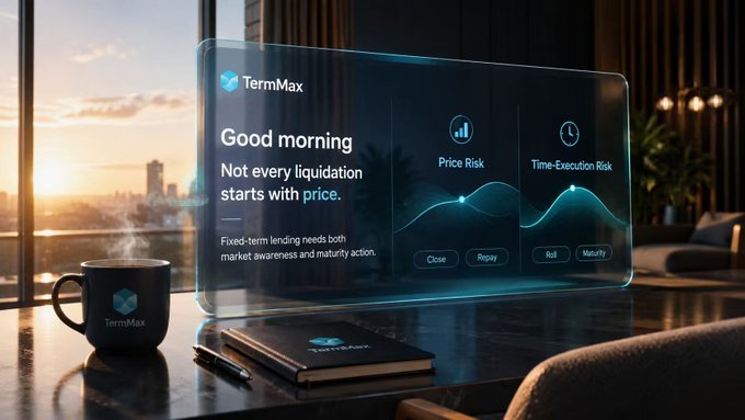 A futuristic transparent holographic display on a desk shows the TermMax interface with 'Good morning' and the message 'Not every liquidation starts with price,' along with risk charts for Price Risk and Time-Execution Risk.