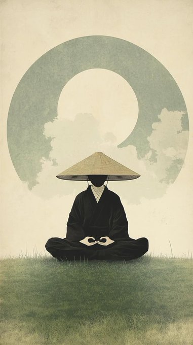 A serene figure in traditional Japanese attire sits in meditation, embodying a holistic approach to reputation as discussed by @NucleusCodes. The zen-like imagery visually represents the idea of a more complete understanding of reputation beyond simple metrics.