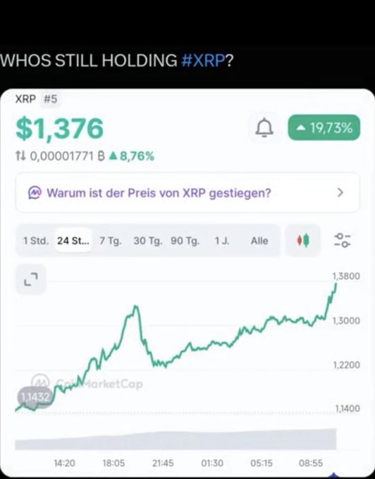 A German-language cryptocurrency chart asking 'WHOS STILL HOLDING #XRP?' showing XRP at $1,376 (up 19.73%) with a 24-hour price trend line climbing from $1.1400 to $1.3800.