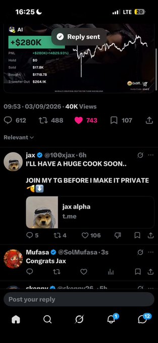 A screenshot of an X post displays a trading chart with a $280K gain, posted by user 'jax' (@100xjax) promoting 'jax alpha' on Telegram, with a congratulatory reply from @SolMufasa.