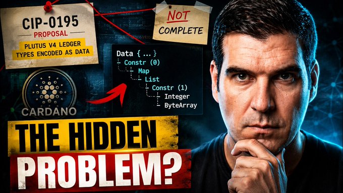 The image shows a YouTube thumbnail featuring a man with a contemplative expression alongside graphics and text related to Cardano, highlighting "CIP-0195 PROPOSAL," "PLUTUS V4 LEDGER TYPES ENCODED AS DATA," a "NOT COMPLETE" warning, and "THE HIDDEN PROBLEM?"—visually tying into the post's claim that ADA has a hidden compatibility problem linked to the proposed CIP-0195 update.