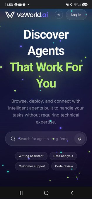 The image shows a mobile screenshot of the VeWorld.ai platform, featuring the tagline "Discover Agents That Work For You" with a search bar and category buttons (Writing assistant, Data analysis, Customer support, Code review). The post "#vechain" relates to this image as VeWorld is a wallet application in the VeChain blockchain ecosystem, suggesting the user is interested in the VeChain ecosystem's new AI agent platform.