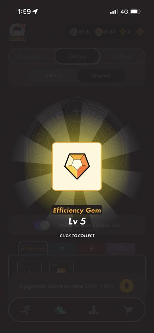 Mobile game screenshot showing an Efficiency Gem Lv 5 reward on a glowing wheel at 1:59 with 4G signal.