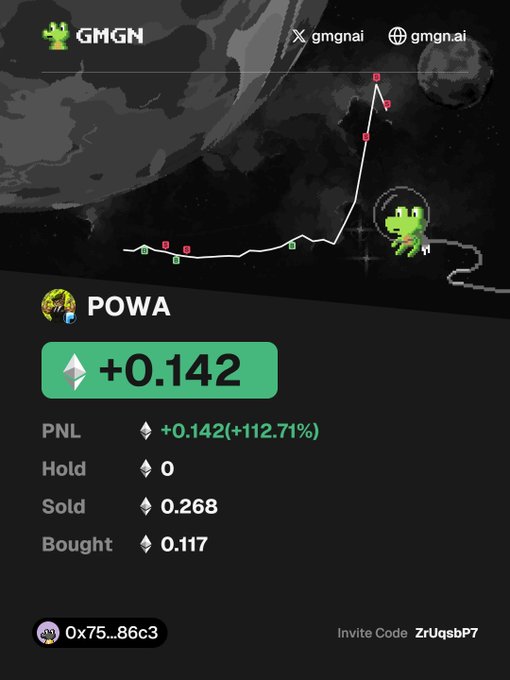 A screenshot from GMGN showing trading information for POWA token with a +0.142 ETH profit (+112.71%), featuring an astronaut frog logo and a price chart.