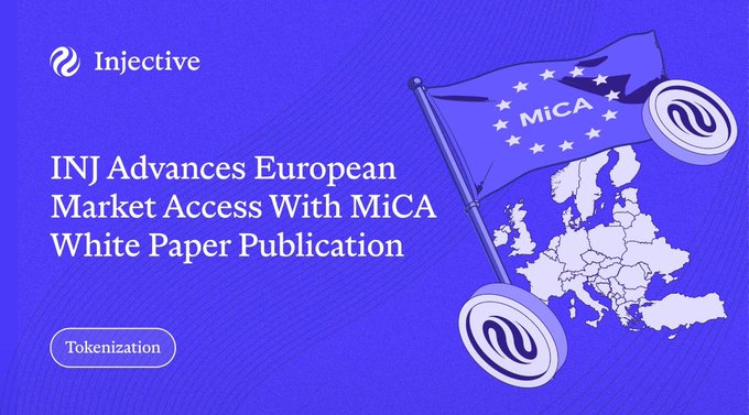 A promotional graphic featuring the Injective logo and a European map with a "MiCA" flag, promoting the news that INJ's MiCA white paper has been filed and listed in ESMA's Interim MiCA Register to support European market access.