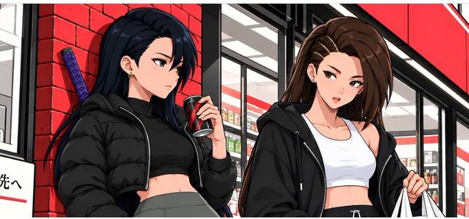 An anime-style illustration of two young women standing outside a storefront, one with long black hair holding a drink, the other with brown hair in a ponytail carrying a bag.
