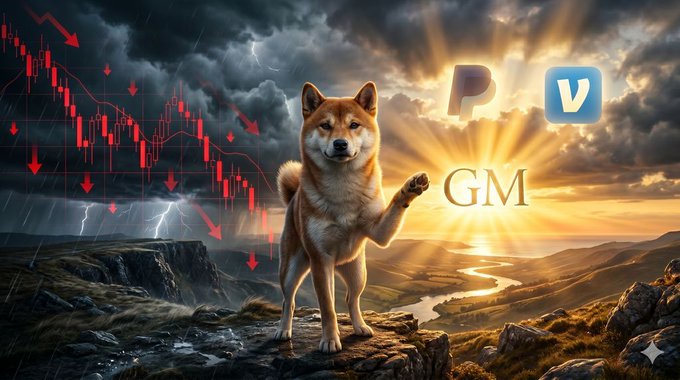 There's an image of a dog holding up its paw against a backdrop that features a sunset, with a mountain range visible below. The text displayed on the image includes "GM Wednesday", which refers to a particular day where there was a 5% drop in Paxos' regulated custody stack price. This indicates that although there has been a decrease in value for some fintechs and platforms such as PayPal and Venmo, other companies like 400+ fintechs can still benefit from the integration of Paxos due to their presence on the regulated custody stack.