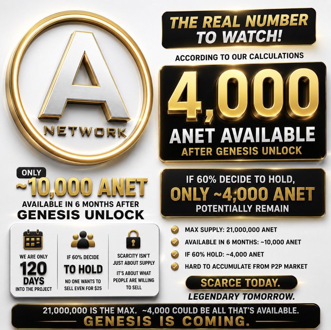 A promotional graphic for "A Network" (ANET) featuring its gold and white circular logo alongside text highlighting that only ~10,000 ANET tokens will be available 6 months after Genesis Unlock, with an estimated 4,000 ANET potentially remaining if 60% of holders decide to hold, despite the 21,000,000 ANET maximum supply.