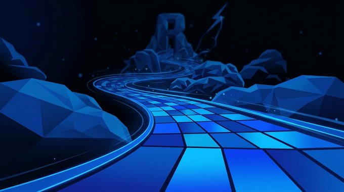 Stylized blue polygonal landscape artwork depicting a winding glowing road leading toward a distant structure under a starry night sky.