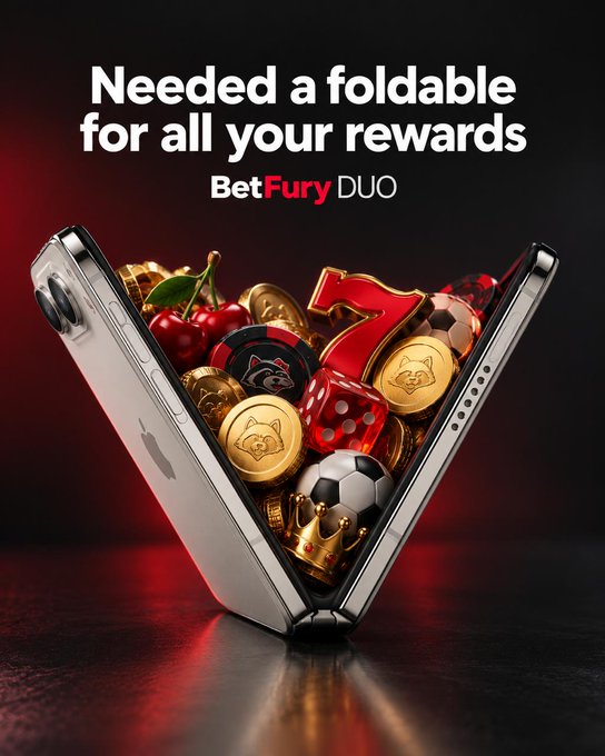 An advertisement for 'BetFury DUO' features the text 'Needed a foldable for all your rewards' above a split, V-shaped foldable smartphone filled with casino-themed items like gold coins, dice, a soccer ball, and cherries.