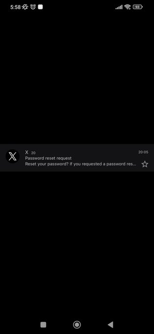 A dark Android phone screenshot showing an X (Twitter) notification: 'Password reset request - Reset your password! If you requested a password res...'