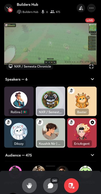 Screenshot of a Discord "Builders Hub" voice channel in live mode, showing 6 speakers (including Rollins, NXR/Semest..., Baster, Dikzzy, Koushik Nir, EnicArgent) and 475 audience members viewing a stream titled "NXR / Semesta Chronicle".