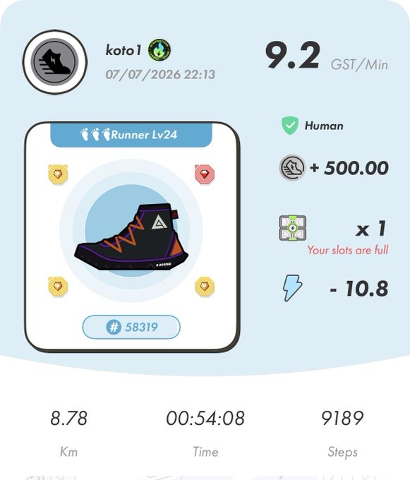A fitness app screenshot from user 'koto1' dated 07/07/2026 22:13, showing a 'Runner Lv24' sneaker NFT (#58319) earning 9.2 GST/Min, with stats including 8.78 Km in 00:54:08 and 9189 steps.