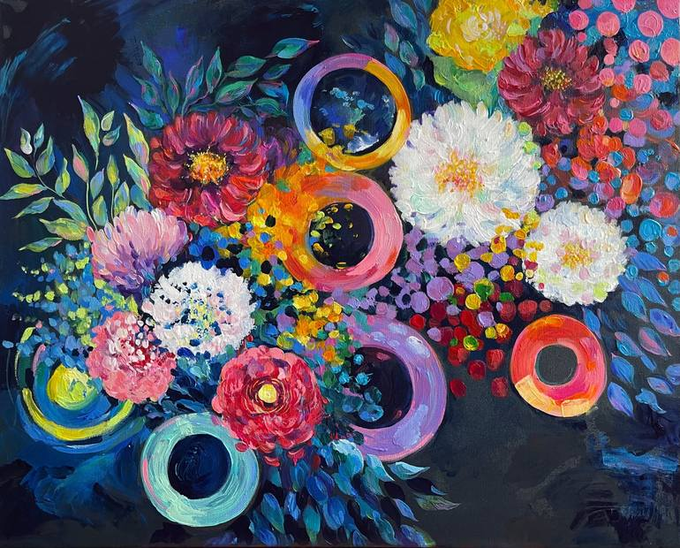 A vibrant, colorful painting of assorted flowers and circular decorative elements in shades of pink, red, yellow, and blue.