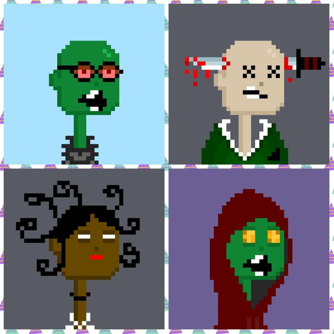 A 2x2 grid of pixel art portraits depicting four characters: a green zombie-like figure with glasses, a pale figure with a sword through their head, a dark-skinned figure with snakes for hair, and a green figure with glowing yellow eyes wearing a red hood.