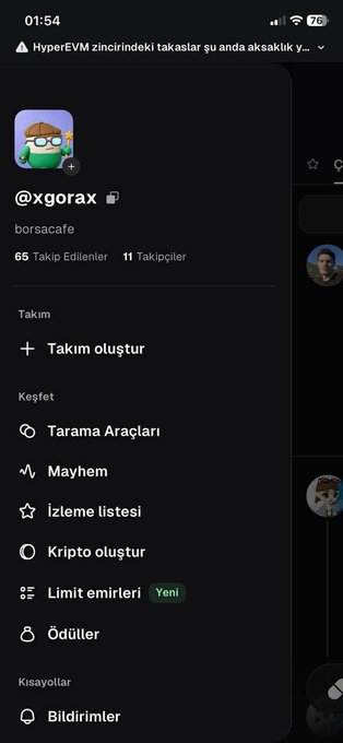 A mobile app screenshot in Turkish showing the user profile @xgorax with menu options including Tarama Araçları, Mayhem, and Kripto oluştur.