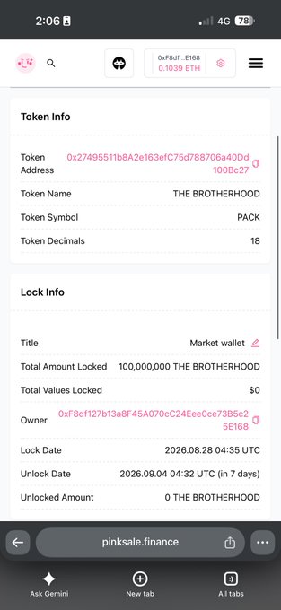 A screenshot of pinksale.finance shows token lock info for "THE BROTHERHOOD" (PACK), with 100,000,000 tokens locked in a market wallet until September 4, 2026 (7 days away), confirming the post's claim of a 10% supply lock.