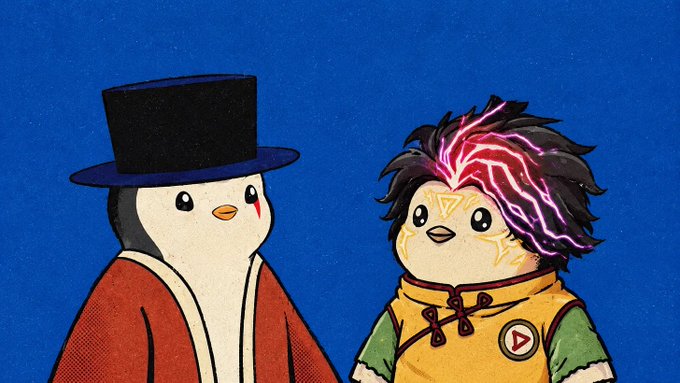 Two cartoon penguin characters stand against a deep blue background—one wearing a black top hat and red robe, the other with wild pink lightning-streaked hair and a yellow vest featuring a play button logo. The image appears to be a stylized promotional illustration for "La Sobremesa," likely representing the hosts or mascots of the trading-focused Substack newsletter mentioned in the caption.