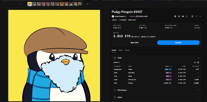 Screenshot of an OpenSea NFT listing for 'Pudgy Penguin #2427' showing a penguin wearing a brown hat and blue scarf with a current price of 3.915 ETH.