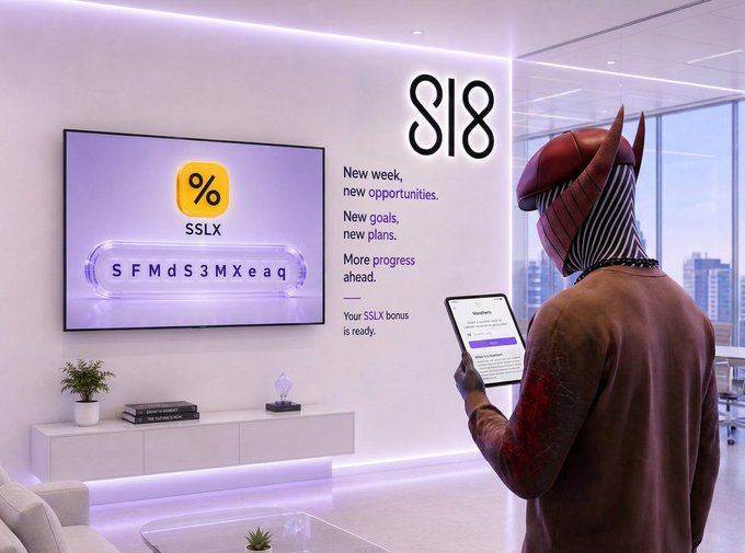 A digital rendering of a person wearing a horned, red mask looking at a tablet displaying "SSLX" and an S18 code, alongside a wall screen showing a percentage symbol and the code "SFMdS3MXeaq".