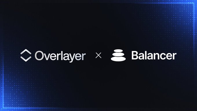 A partnership announcement graphic featuring the "Overlayer" logo (a diamond/stacked shape) and "Balancer" logo (three stacked ovals) displayed side by-side with an "×" symbol between them, set against a dark blue background with a glowing blue border. The logos visually represent the collaboration mentioned in the post, where Overlayer has partnered with Balancer to make it their primary liquidity hub, unifying the two brands under a shared DeFi vision.