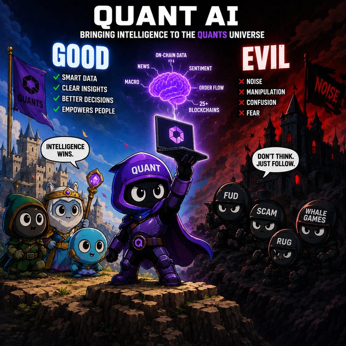 A 'QUANT AI' promotional graphic contrasts 'GOOD' (smart data, clear insights) against 'EVIL' (noise, manipulation, fear), depicting a purple ninja character with a laptop standing between characters representing scam, FUD, rug, and whale games.