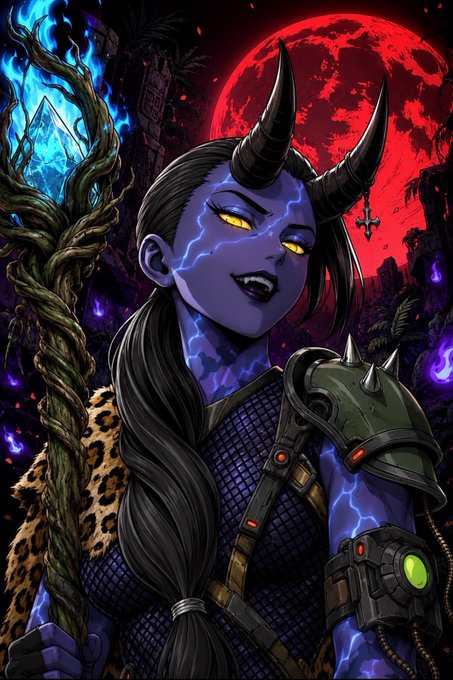An illustration of a purple-skinned demon character with glowing yellow eyes, black horns, and lightning crackling across her face, holding a staff, set against a red moon backdrop.