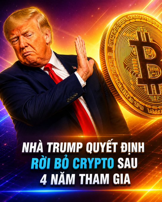 The image shows Donald Trump making a "stop" gesture next to a large Bitcoin, illustrating the headline that the Trump Organization has decided to quit the crypto market after four years of participation.