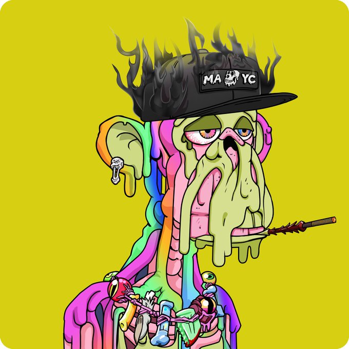 Vibrant, colorful cartoon illustration of a melting, zombie-like character with green skin, wearing a black baseball cap reading 'MA YC' and holding a spiked baseball bat.