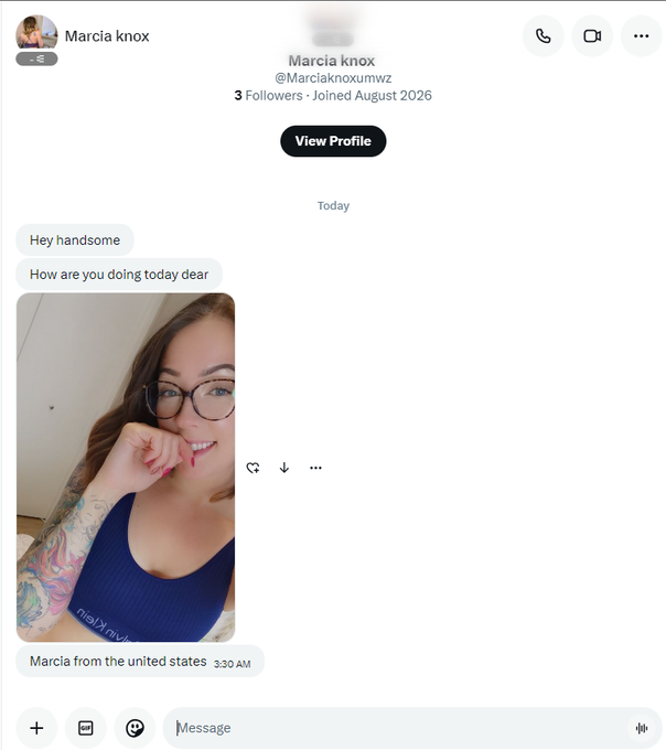 A screenshot of a Twitter/X DM from 'Marcia knox' (@Marciaknoxumwz) who messaged 'Hey handsome, How are you doing today dear' with a selfie captioned 'Marcia from the united states 3:30 AM'.