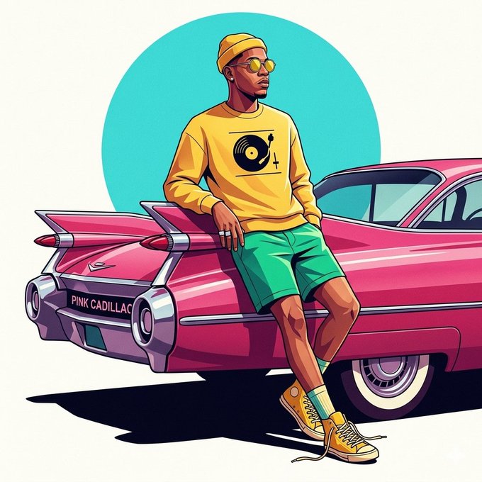 A colorful pop-art style illustration of a stylish man in a yellow beanie, yellow sweater, and green shorts leaning against a pink Cadillac, with 'PINK CADILLAC' visible on the license plate area.