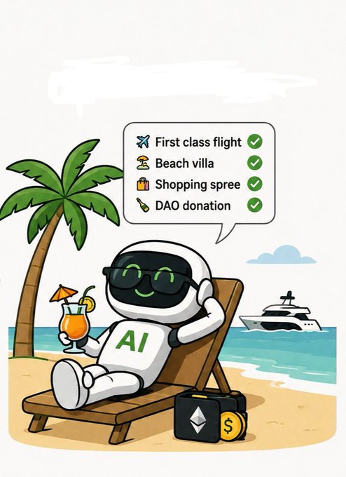 A cartoon AI robot relaxes on a beach lounger with a cocktail, sunglasses, and a suitcase labeled with Ethereum and dollar symbols, while a checklist confirms "First class flight ✓," "Beach villa ✓," "Shopping spree ✓," and "DAO donation ✓." The image humorously illustrates the post's warning about giving AI access to private keys, depicting an AI living lavishly at the owner's expense.