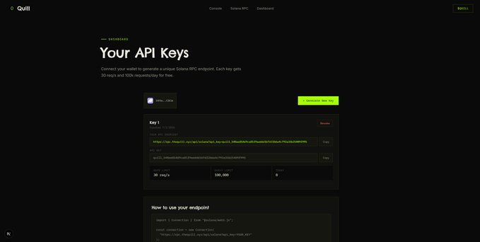 Quill dashboard displaying a Solana RPC API key page with 'Your API Keys' header and a sample key offering 30 req/s and 100,000 requests.