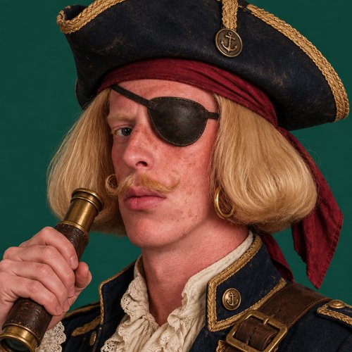 A blonde pirate with an eye patch, tricorn hat, and curled mustache peers through a brass spyglass against a green background. The image evokes the theme of exploration and discovery, fitting the post's announcement of a new "$SEA" token initiative tied to OpenSea, suggesting a treasure-hunting journey into the platform's history and future.