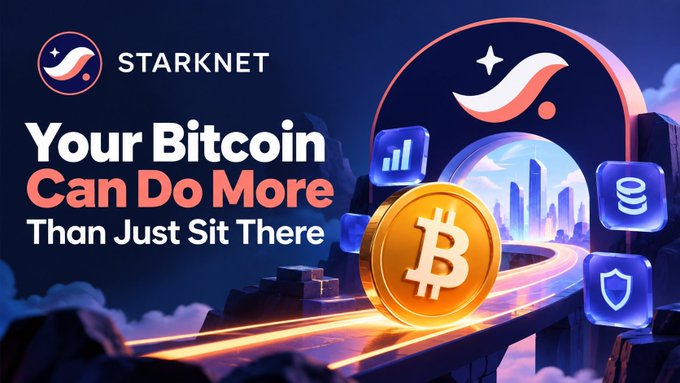 A promotional graphic for Starknet's strkBTC product features the text "Your Bitcoin Can Do More Than Just Sit There" alongside a large golden Bitcoin coin traveling along a glowing pathway toward a futuristic Starknet cityscape, visually representing how BTC can move beyond passive holding into the DeFi ecosystem on Starknet.