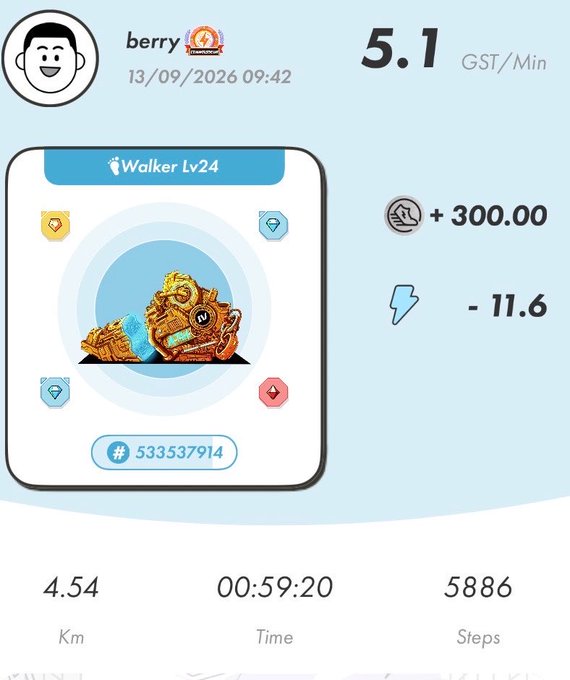 A screenshot of a fitness app displays the username 'berry' with a 'Walker Lv24' achievement, showing a character that earned +300.00 and -11.6, with stats of 4.54 Km, 00:59:20 Time, and 5886 Steps.