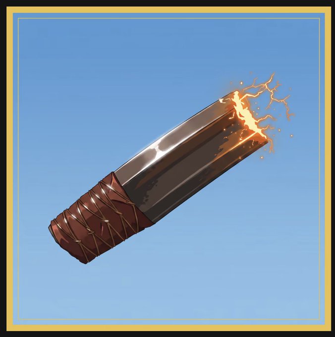 A spiked club wrapped with leather and metal, crackling with fiery orange electricity along its jagged tip, is displayed against a blue background with a yellow border—fittingly representing "The Third Rail," a charged weapon that just sold for $45,000.