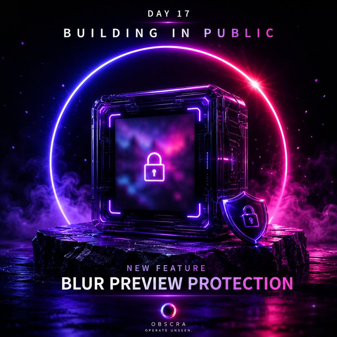 The image features a purple cube with a lock on top, surrounded by neon lights that create an otherworldly atmosphere. The text "Day 17" is written above the cube, indicating the day of the week. Below the cube, there's a caption that reads "Building in Public", and another caption below it that says "New feature Blur Preview Protection". This suggests that the image might be related to a new feature or service offered by the creator of the image, possibly for protecting visual content from unauthorized use on social media platforms.