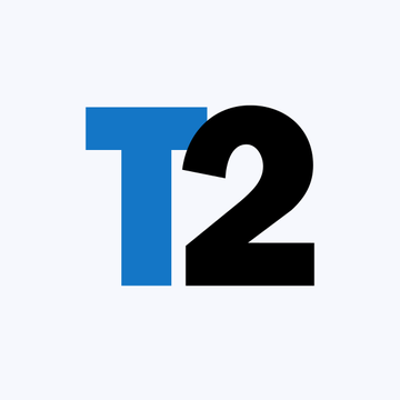 The image displays a stylized "T2" logo, with the "T" in blue and the "2" in black, representing Take-Two Interactive (ticker: TTWO), the developer of GTA, whose shares have been tokenized on the Solana blockchain as referenced in the accompanying post.