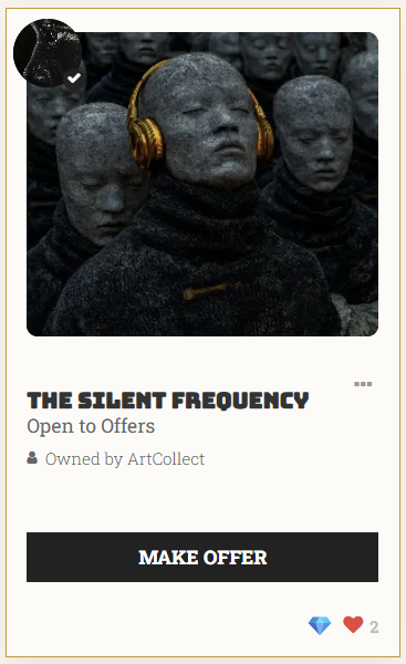 An NFT listing titled "THE SILENT FREQUENCY" shows statues wearing gold headphones, with options to "MAKE OFFER" and "Open to Offers."