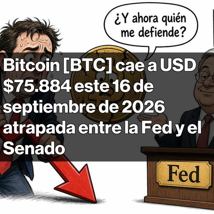 A cartoon showing a sweating Bitcoin character with a red downward arrow next to a Fed official, with Spanish text: 'Bitcoin [BTC] cae a USD $75.884 este 16 de septiembre de 2026 atrapada entre la Fed y el Senado' (Bitcoin falls to $75,884 on September 16, 2026, caught between the Fed and the Senate).