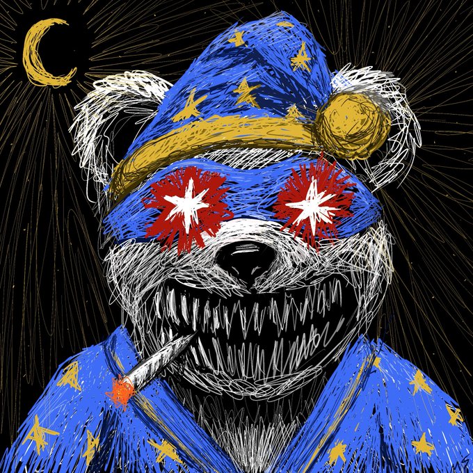 A dark, stylized illustration of a bear with sharp teeth wearing a wizard hat and sunglasses decorated with red star patterns, set against a starry night sky with a crescent moon.