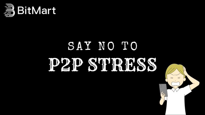 The image features a cartoon depiction of a person holding a cell phone with their head tilted back as if they are trying to take a selfie or make a call. The text "Say no to P2P stress" is written above the person, which appears to be in black against a white background. The caption below the image reads: "I never thought converting crypto to cash could become a nightmare. One day, a friend tried withdrawing his USDT through a traditional route. Hours later, his funds were stuck."