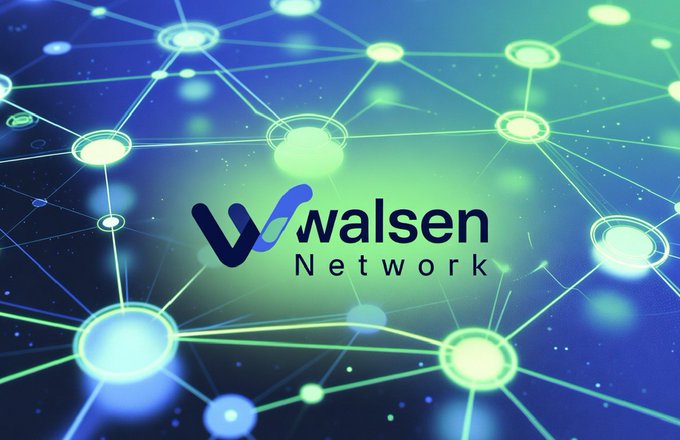 A digital graphic displays the "Walsen Network" logo in dark blue and white text, centered against a glowing green and blue network background featuring interconnected nodes and lines, visually representing the web3 connectivity and ecosystem growth referenced in the post.