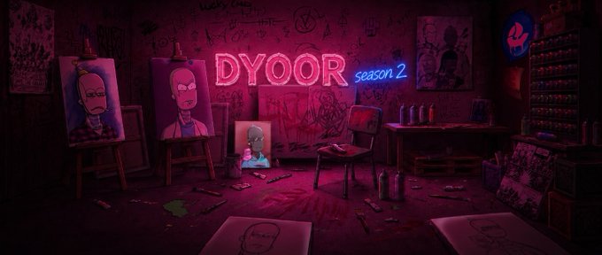 A neon-lit artistic room displaying "DYOOR season 2" in pink and blue neon lights, surrounded by easels with canvas portraits and scattered paint supplies.