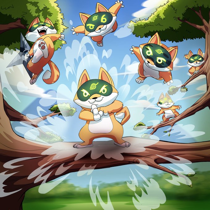 The image shows a group of ninja-themed fox or cat characters wearing green masks with spiral eye symbols, posing dramatically on tree branches surrounded by swirling water effects. The mascot imagery of multiplied stealthy characters visually reinforces the post's message about "$AI paired tokens gaining traction," symbolizing the expanding ecosystem through the recurring figures representing growth, liquidity locking ($5M / $108K), and the community-driven momentum of 100+ launched pairs.