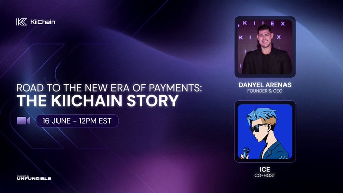 The image features two men wearing sunglasses and a blue shirt with the text "Road to the new era of payments" and "The Kichain Story", along with a purple background, which suggests that they are promoting a new era of payments or cryptocurrency. The image also includes a caption about the KiiChainio project's focus on infrastructure for cross-border payments, FX settlements, and real global settlement from day one.