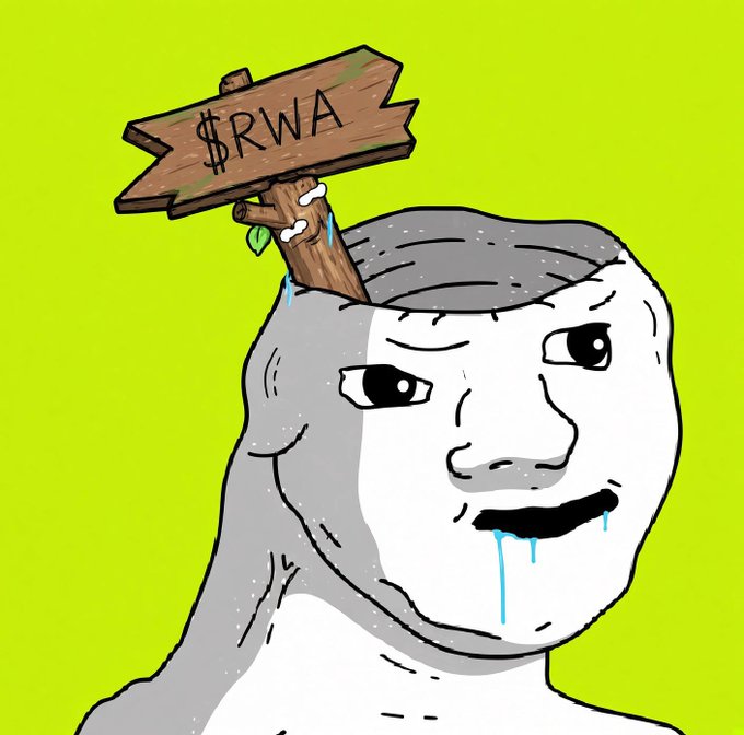 A Wojak-style meme of a crying figure with a wooden '$RWA' sign pierced through his head, set against a bright yellow-green background.